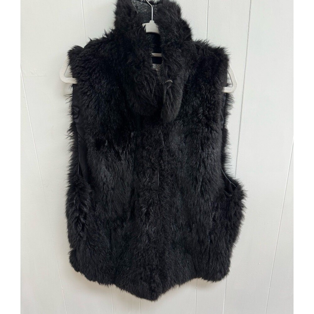 Women's Large Andrew Marc Opossum Fur Leather Collar Full Zip Up Vest Black Vtg